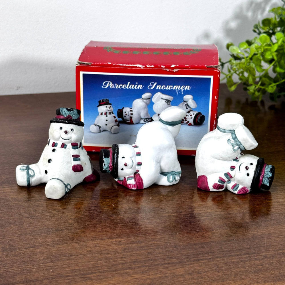 Vintage Tumbling Snowman Figurines 3 Ceramic 2” Holiday Decor w/Box Friendly